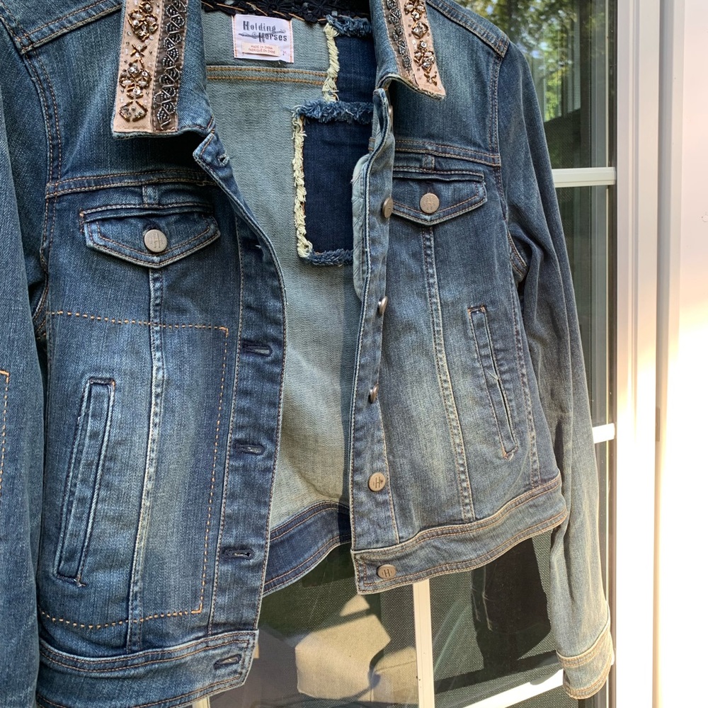 Anthropologie Jean jacket with beaded collar - Picture 4 of 7
